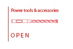 line drawing of drill bit with the words in red 'power tools and accessories' at the top and 'open' at the bottom